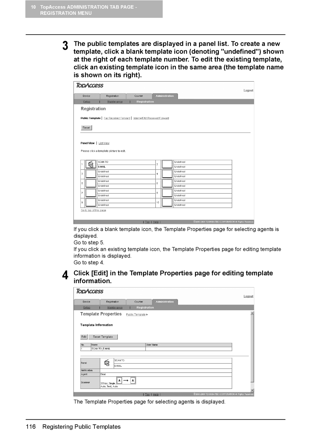 Toshiba e-Studio165, e-Studio205 setup guide Template Properties page for selecting agents is displayed 