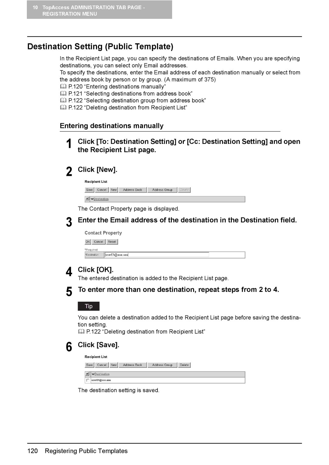 Toshiba e-Studio165, e-Studio205 Destination Setting Public Template, Entering destinations manually, Recipient List 