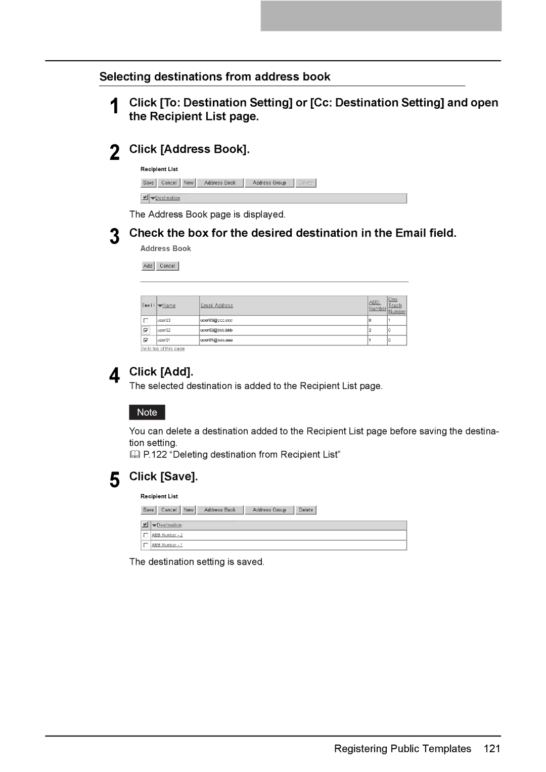 Toshiba e-Studio205, e-Studio165 setup guide Address Book page is displayed 