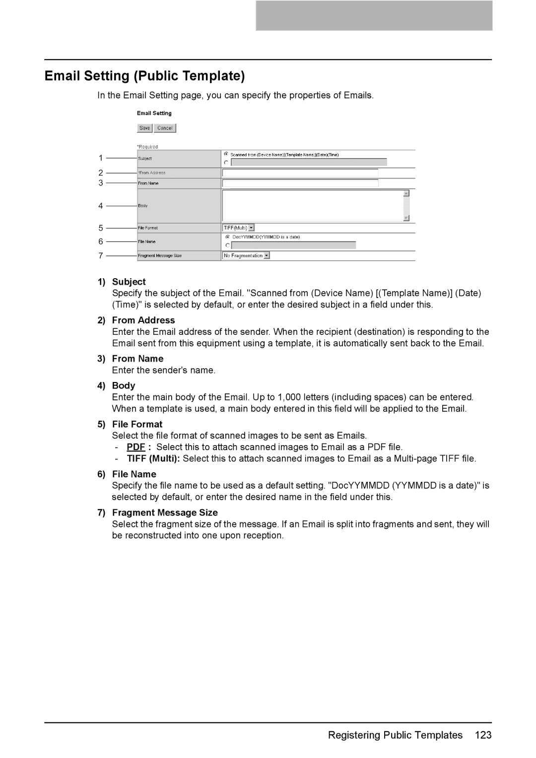 Toshiba e-Studio205, e-Studio165 setup guide Email Setting Public Template, Subject 