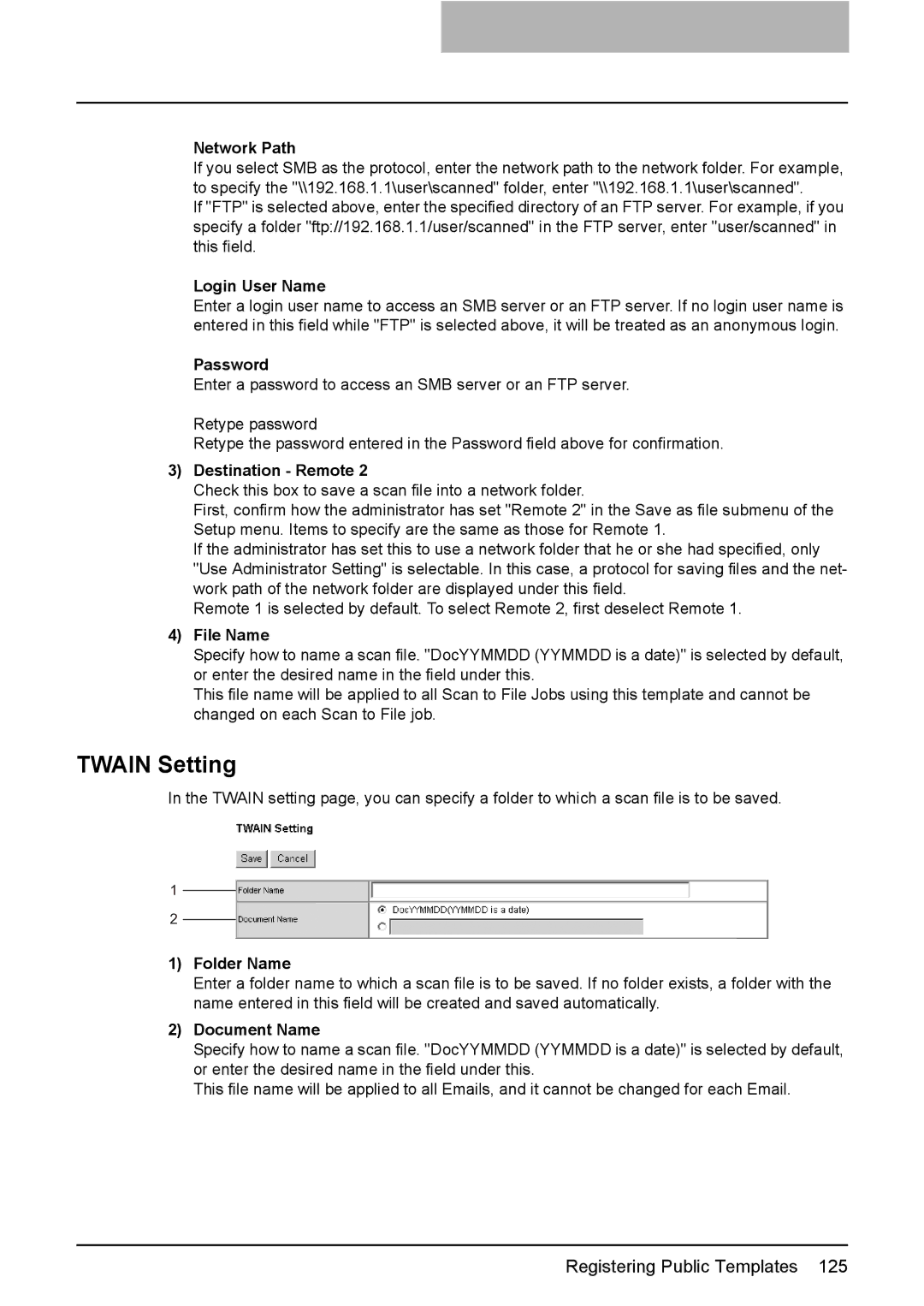 Toshiba e-Studio205, e-Studio165 setup guide Twain Setting, Folder Name, Document Name 