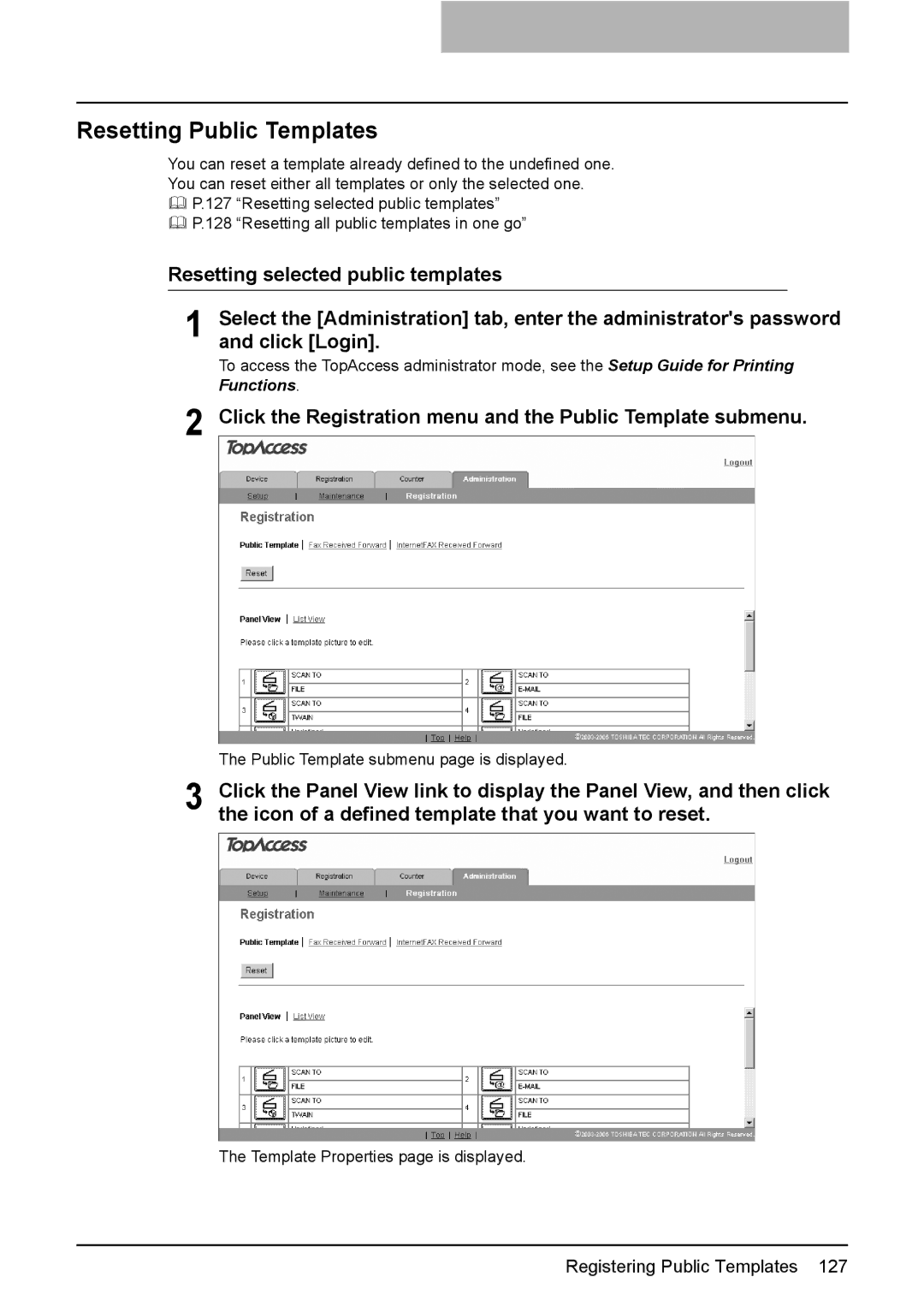 Toshiba e-Studio205, e-Studio165 Resetting Public Templates, Click the Registration menu and the Public Template submenu 