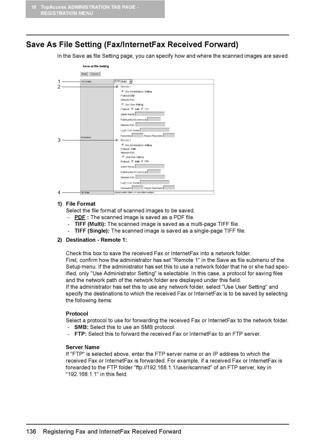 Toshiba e-Studio165, e-Studio205 setup guide Save As File Setting Fax/InternetFax Received Forward, Destination Remote 