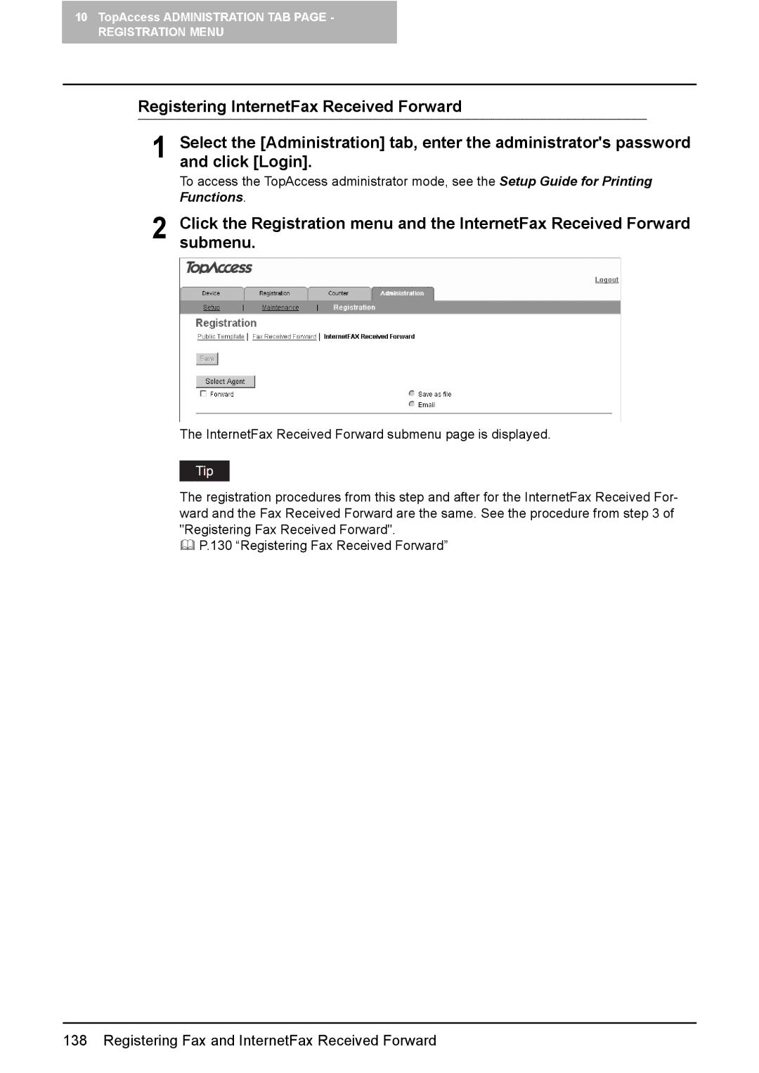 Toshiba e-Studio165, e-Studio205 setup guide Registering Fax and InternetFax Received Forward 