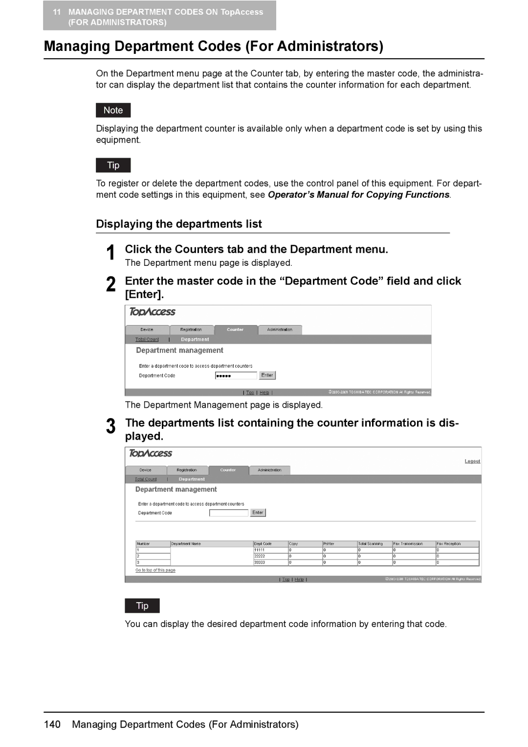 Toshiba e-Studio165, e-Studio205 setup guide Managing Department Codes For Administrators, Displaying the departments list 