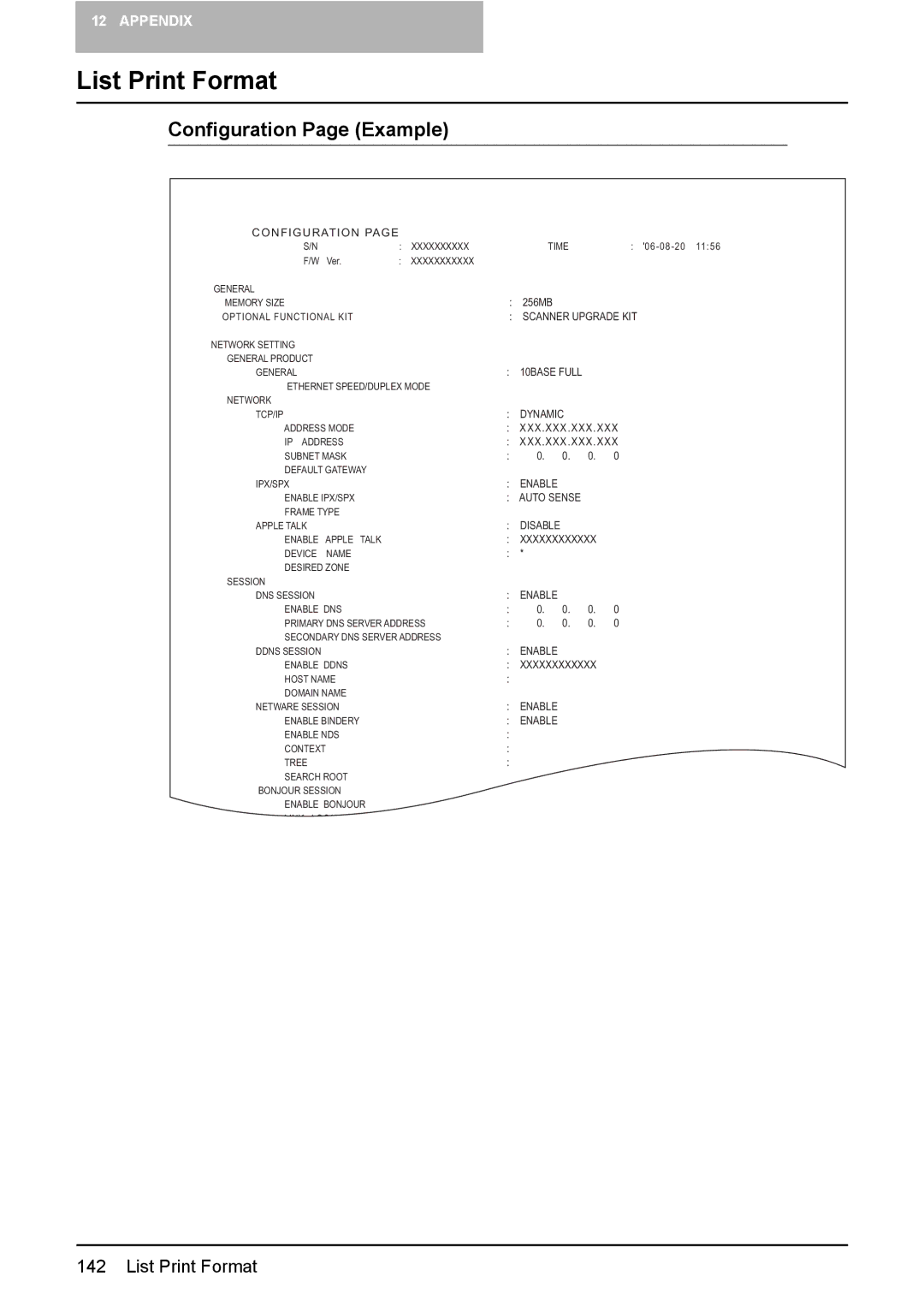 Toshiba e-Studio165, e-Studio205 setup guide List Print Format, Configuration Page Example 