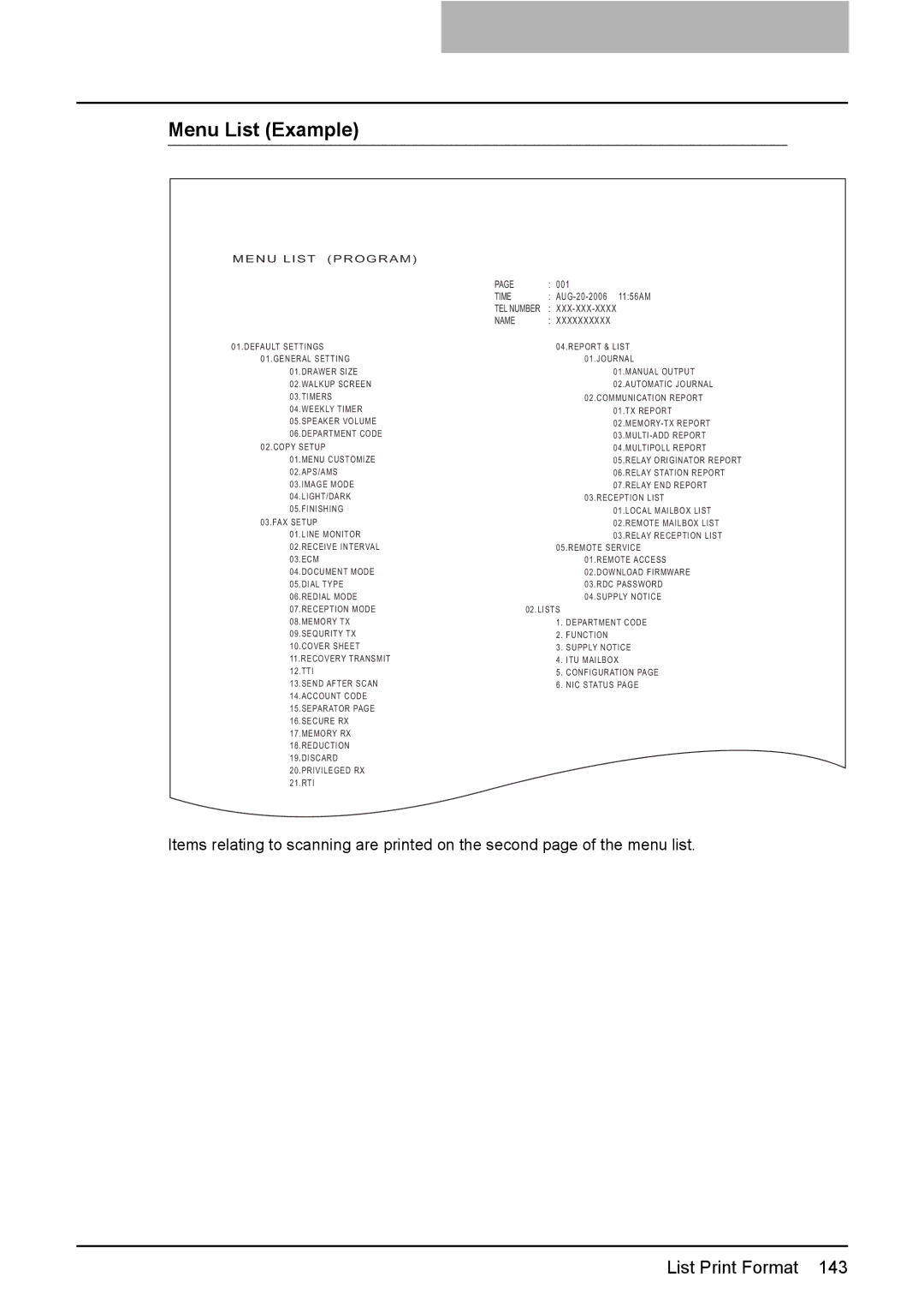 Toshiba e-Studio205, e-Studio165 setup guide Menu List Example, Menu List Program 