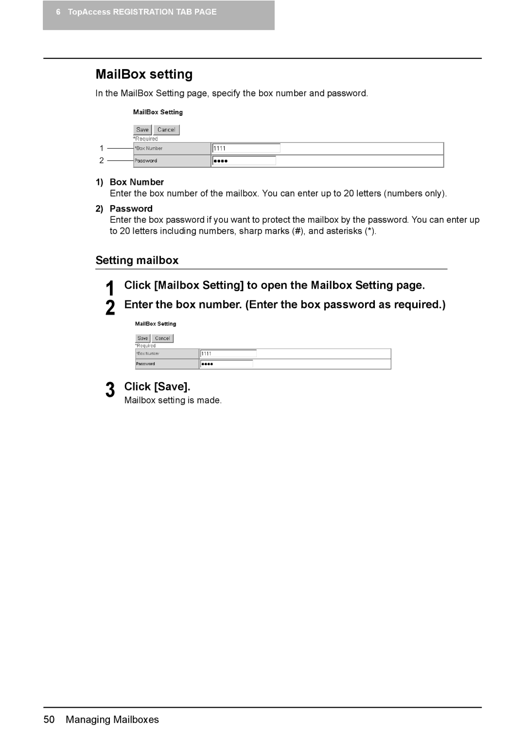 Toshiba e-Studio165, e-Studio205 setup guide MailBox setting, Box Number, Password 