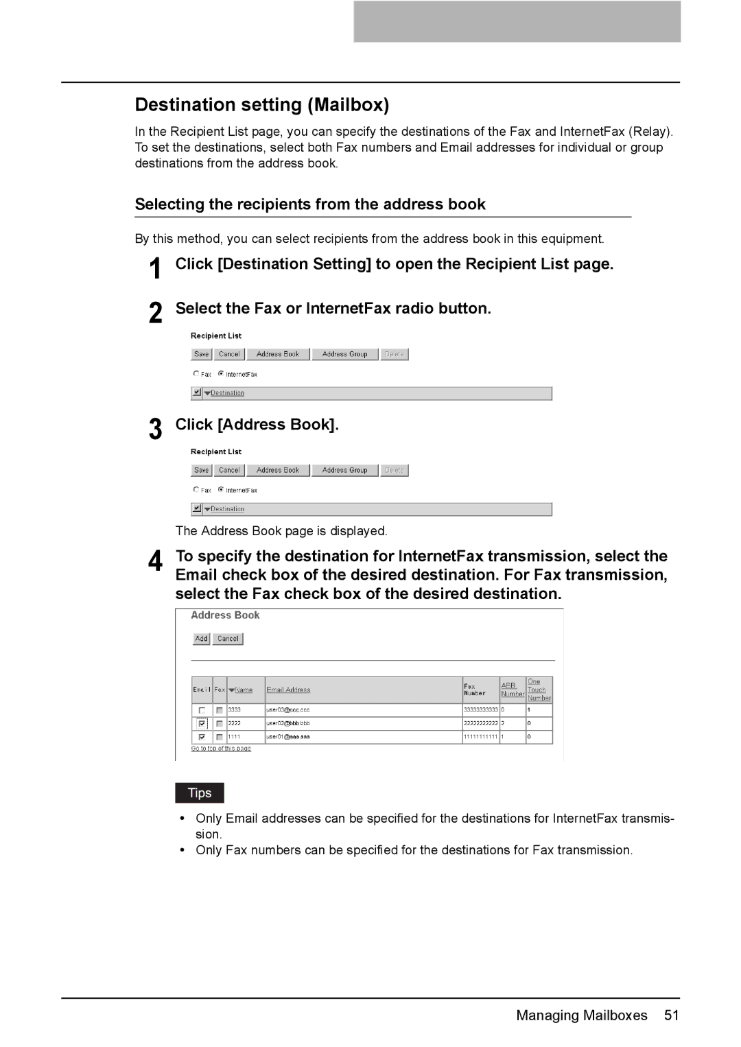 Toshiba e-Studio205, e-Studio165 setup guide Destination setting Mailbox, Selecting the recipients from the address book 