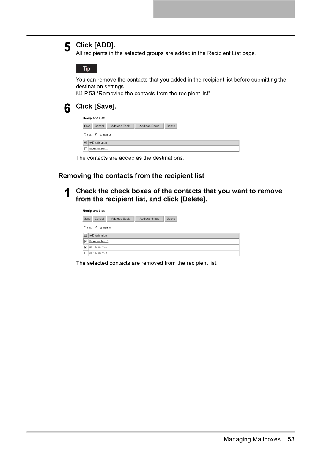 Toshiba e-Studio205, e-Studio165 setup guide Selected contacts are removed from the recipient list 