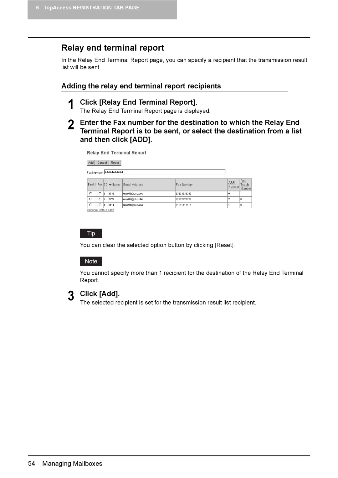 Toshiba e-Studio165, e-Studio205 setup guide Relay end terminal report, Adding the relay end terminal report recipients 