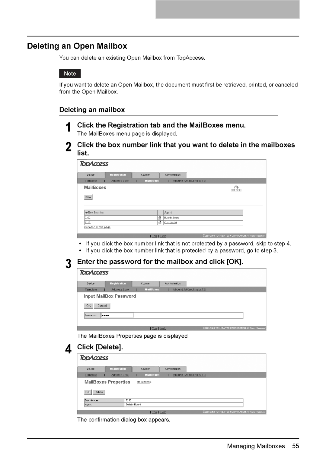 Toshiba e-Studio205 Deleting an Open Mailbox, Deleting an mailbox, Enter the password for the mailbox and click OK 