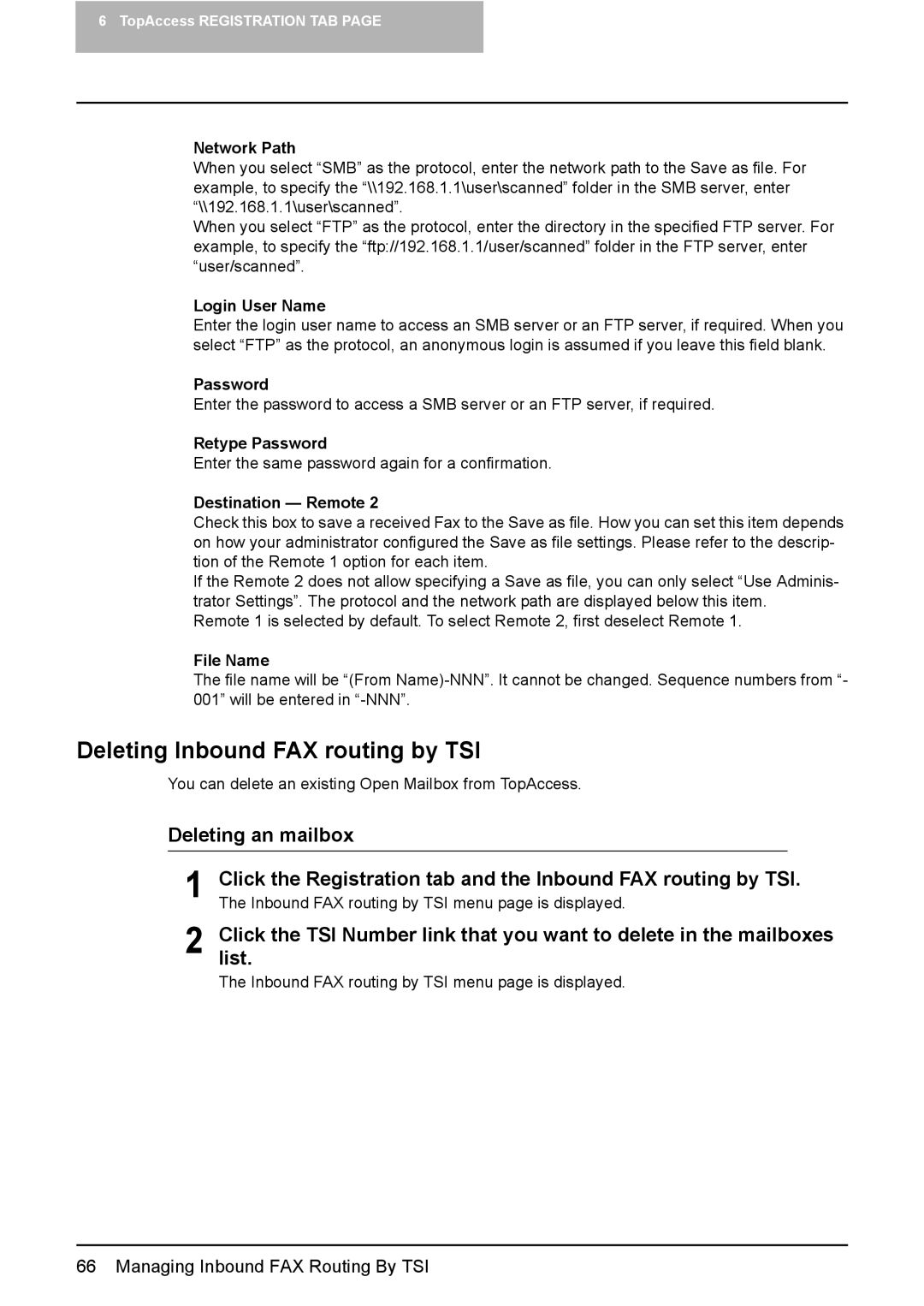 Toshiba e-Studio165, e-Studio205 Deleting Inbound FAX routing by TSI, Network Path, Login User Name, Retype Password 