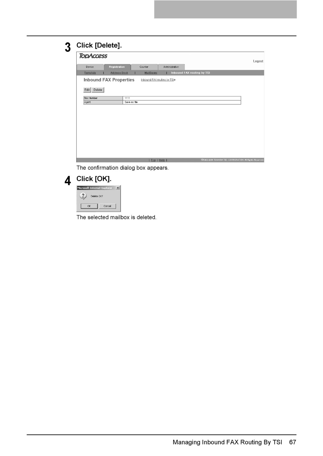 Toshiba e-Studio205, e-Studio165 setup guide Click Delete 