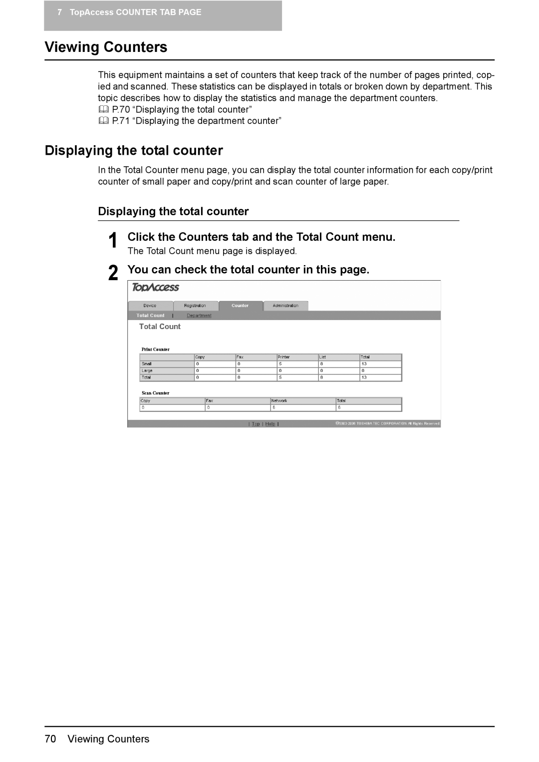 Toshiba e-Studio165, e-Studio205 Viewing Counters, Displaying the total counter, You can check the total counter in this 