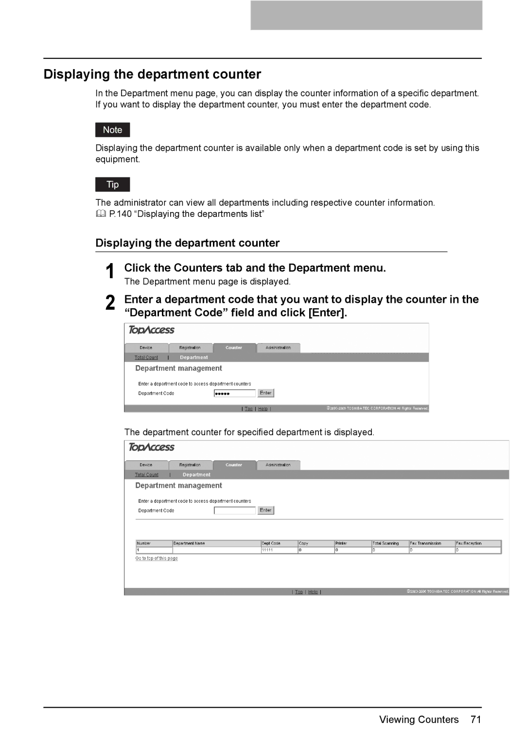 Toshiba e-Studio205, e-Studio165 setup guide Displaying the department counter, Department Code field and click Enter 