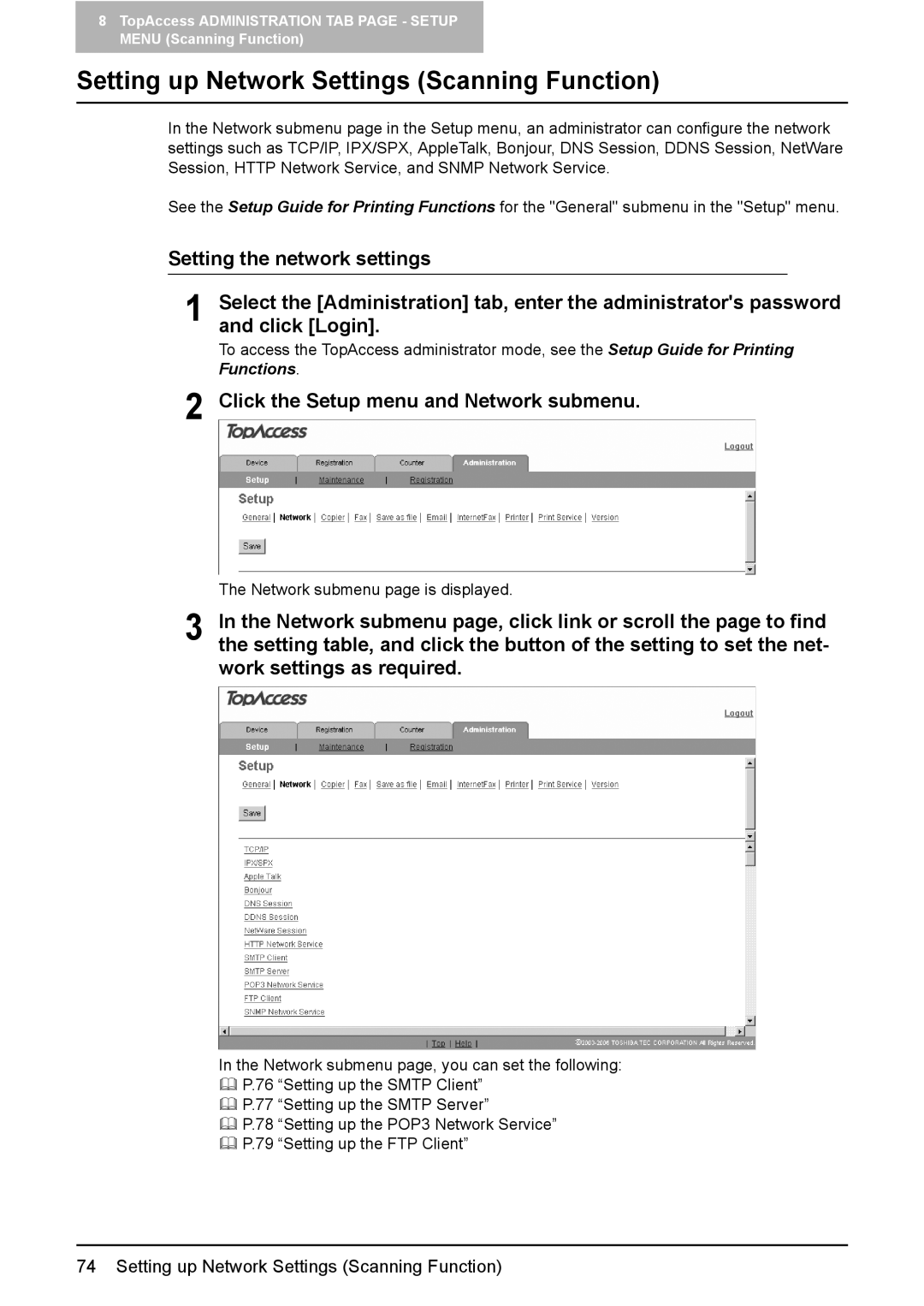 Toshiba e-Studio165, e-Studio205 Setting up Network Settings Scanning Function, Click the Setup menu and Network submenu 