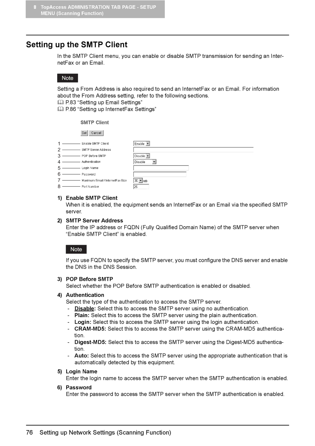 Toshiba e-Studio165, e-Studio205 setup guide Setting up the Smtp Client 