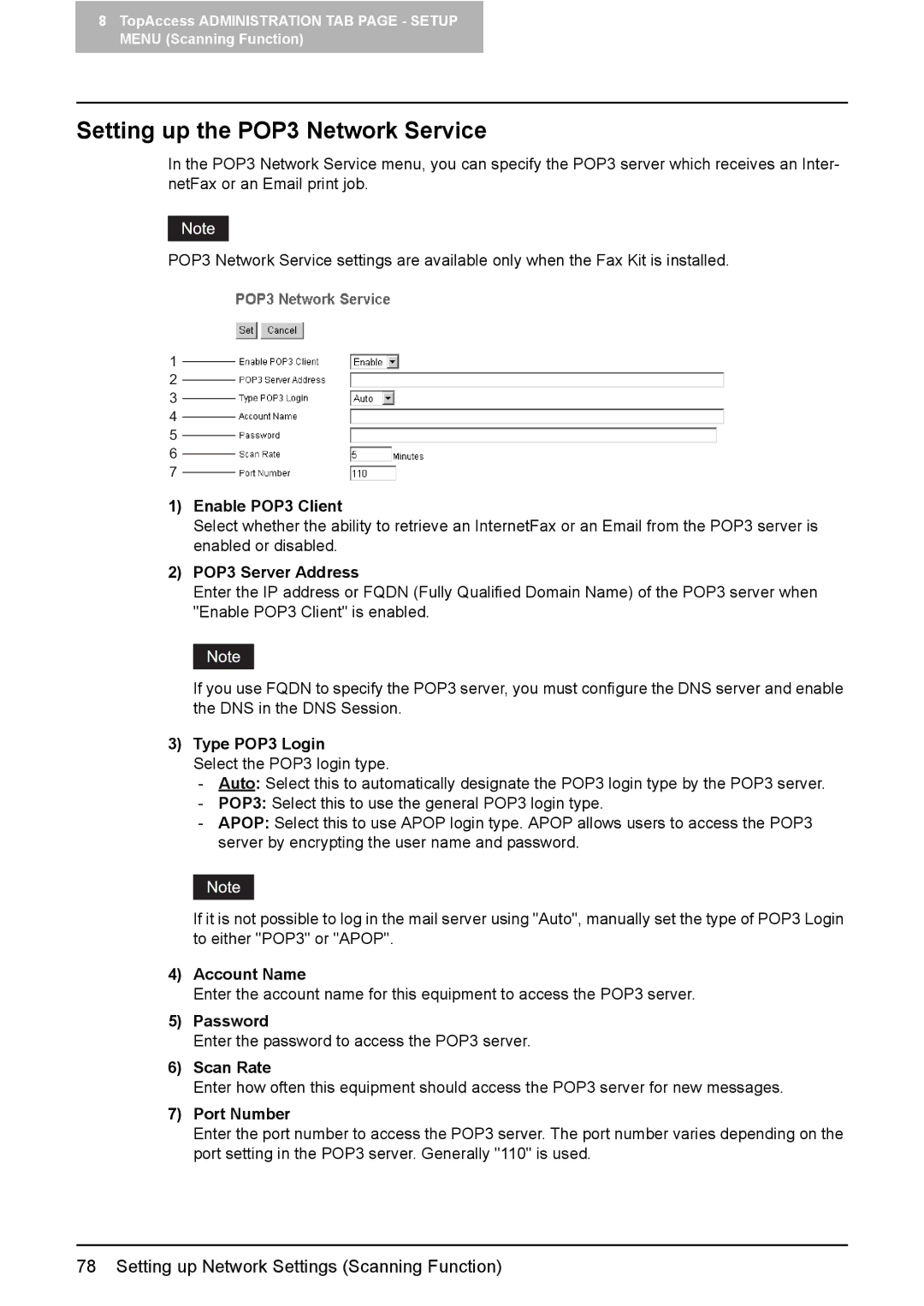 Toshiba e-Studio165, e-Studio205 setup guide Setting up the POP3 Network Service 