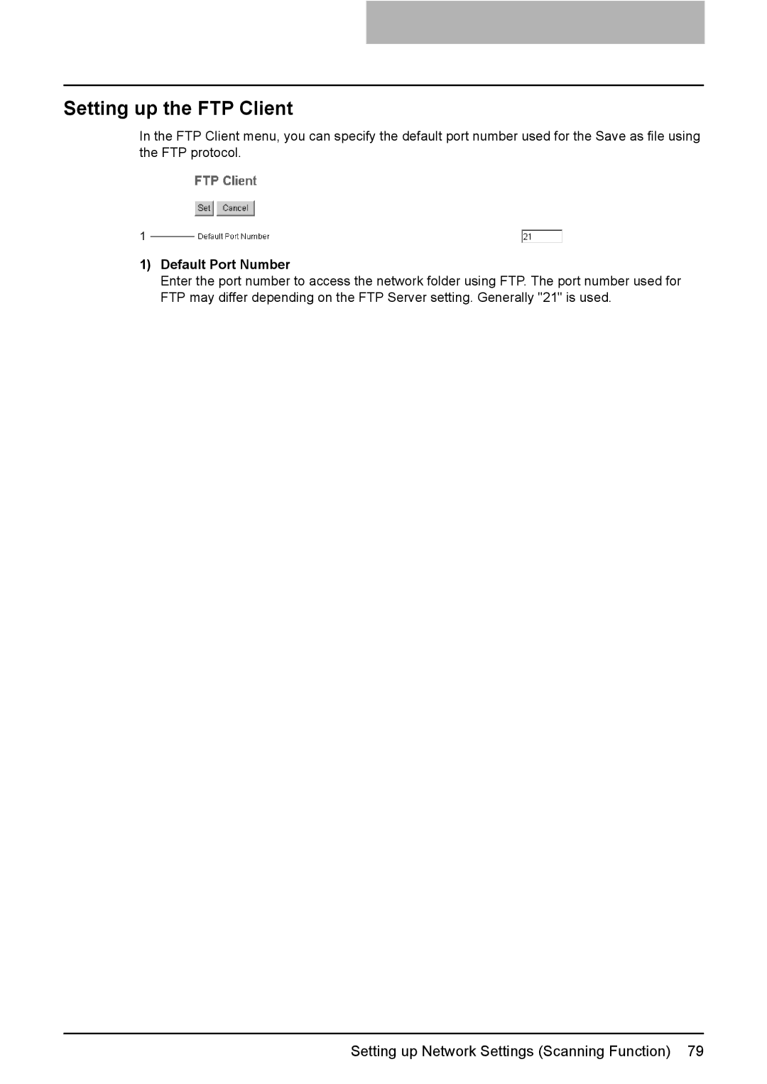 Toshiba e-Studio205, e-Studio165 setup guide Setting up the FTP Client, Default Port Number 