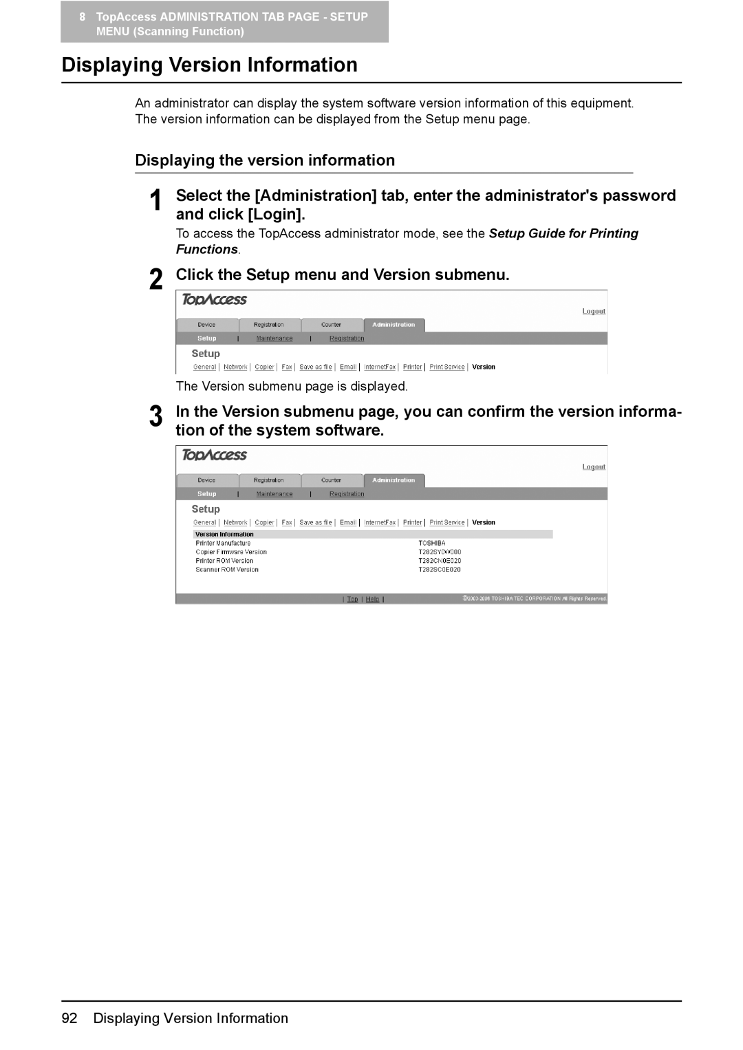 Toshiba e-Studio165, e-Studio205 setup guide Displaying Version Information, Click the Setup menu and Version submenu 