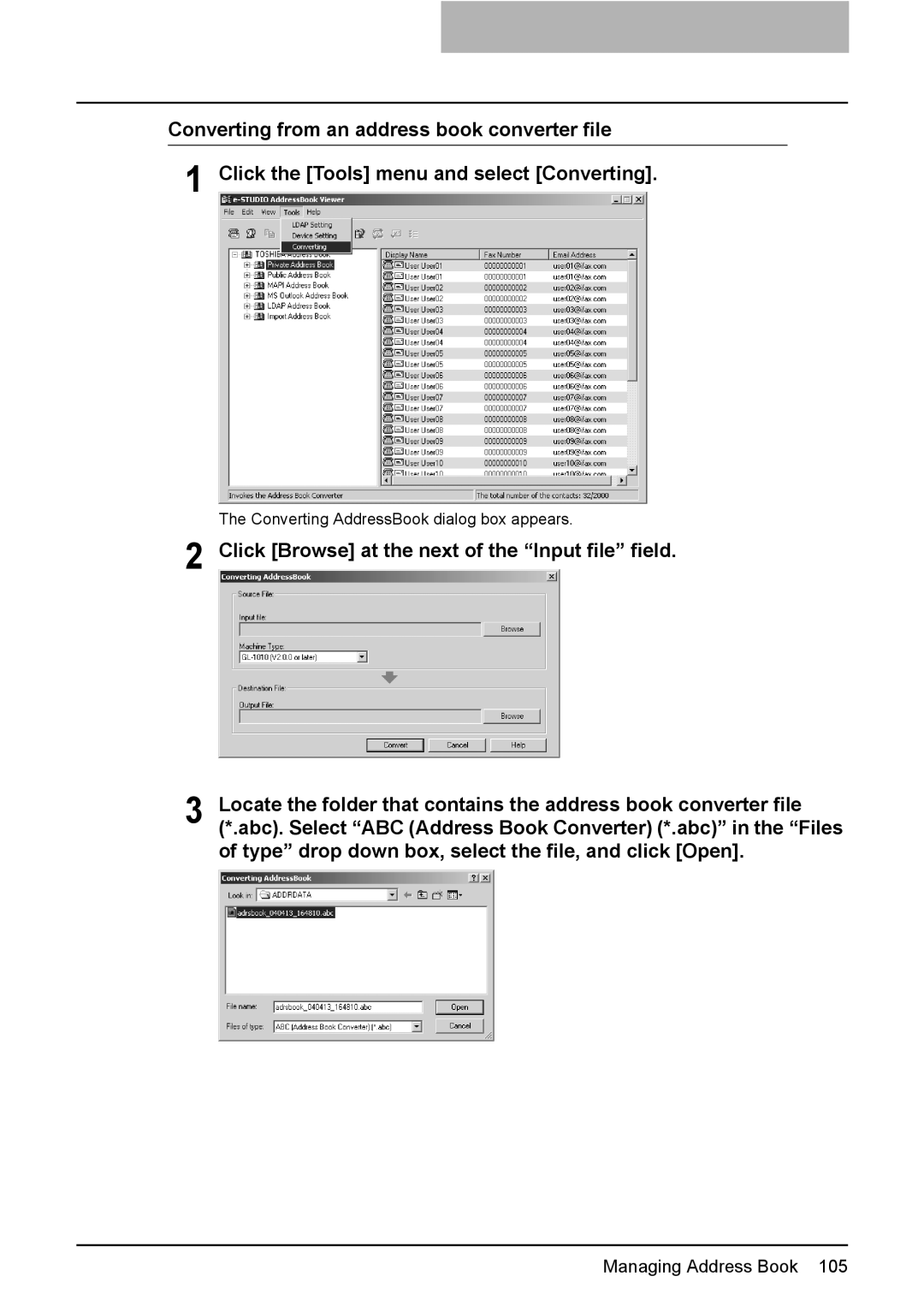 Toshiba e-Studio205, e-Studio165 manual Converting AddressBook dialog box appears 