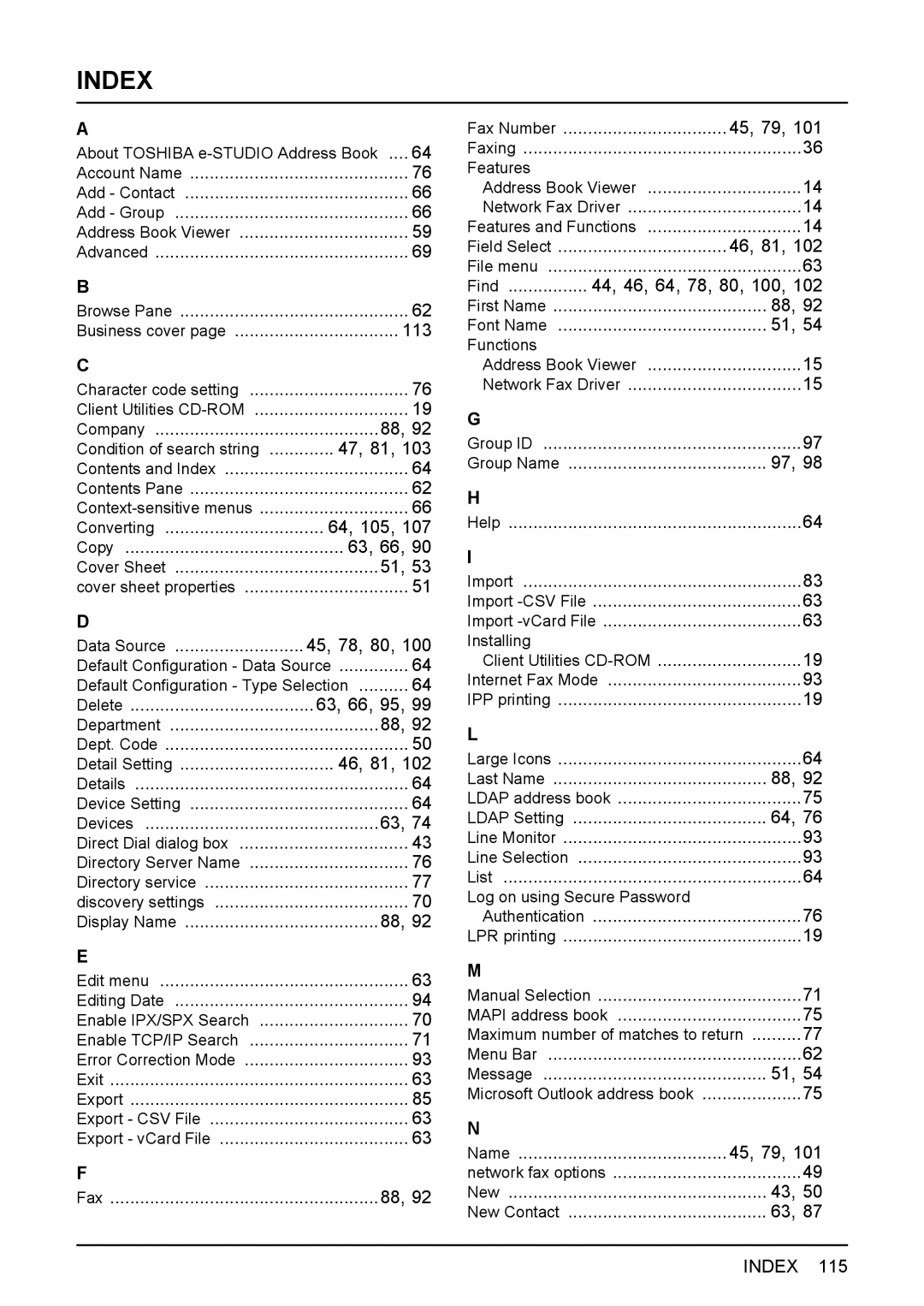 Toshiba e-Studio205, e-Studio165 manual Index 