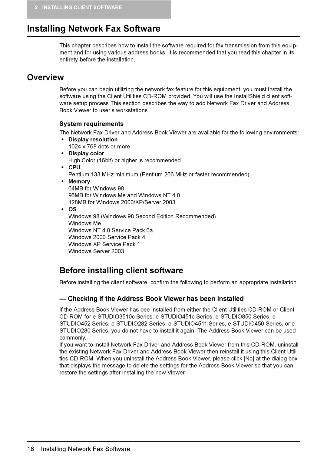 Toshiba e-Studio165 Overview, Before installing client software, Checking if the Address Book Viewer has been installed 