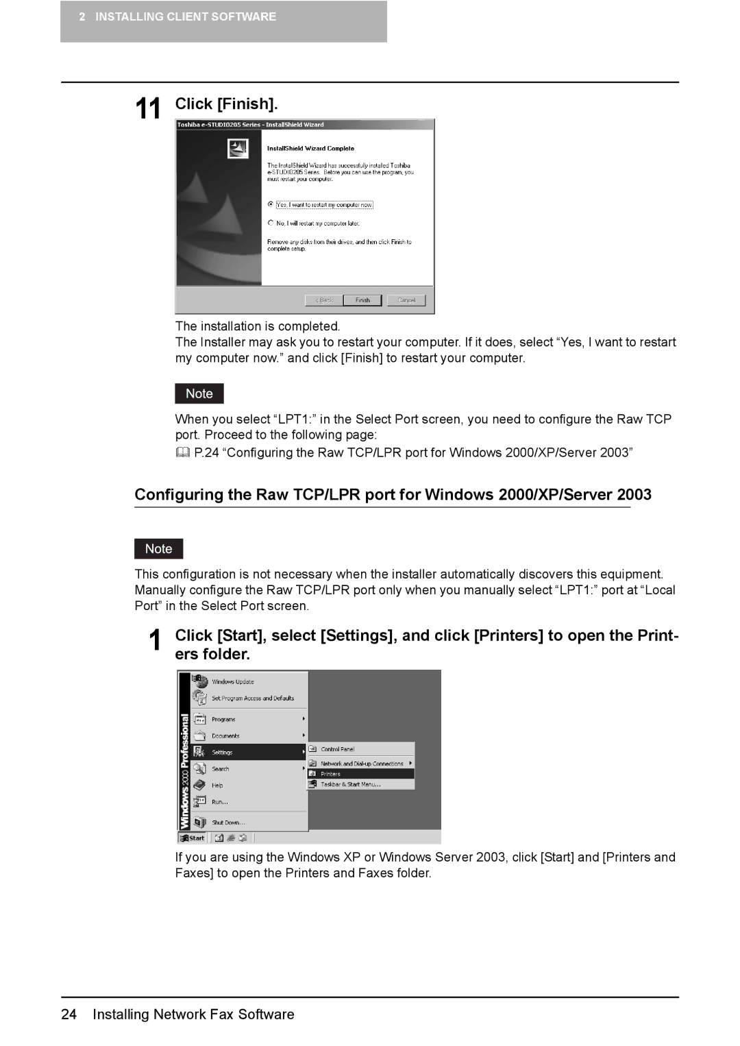 Toshiba e-Studio165, e-Studio205 Click Finish, Configuring the Raw TCP/LPR port for Windows 2000/XP/Server, Ers folder 