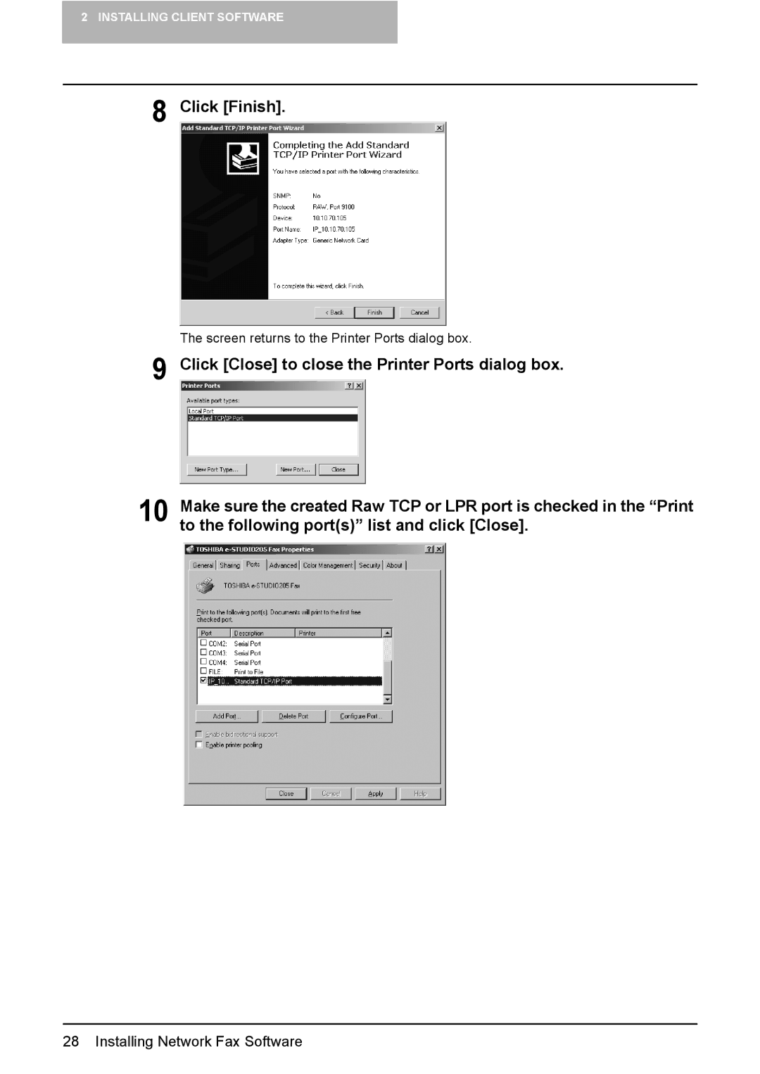 Toshiba e-Studio165, e-Studio205 manual Screen returns to the Printer Ports dialog box 