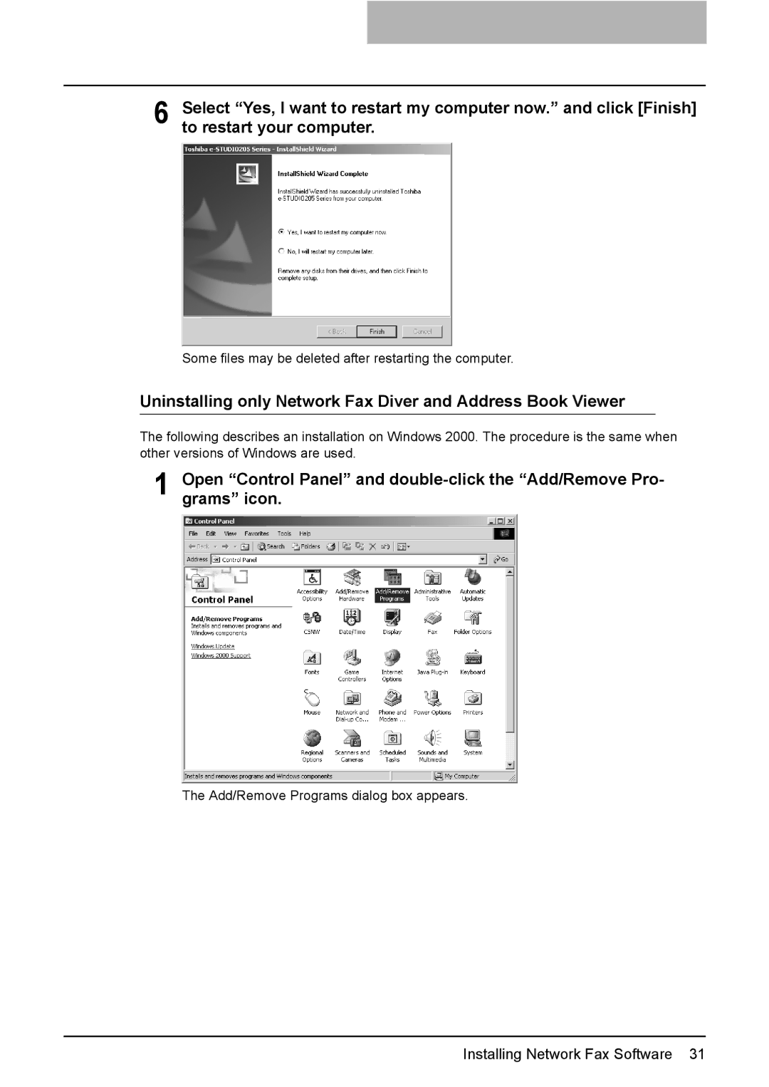 Toshiba e-Studio205, e-Studio165 manual Uninstalling only Network Fax Diver and Address Book Viewer 