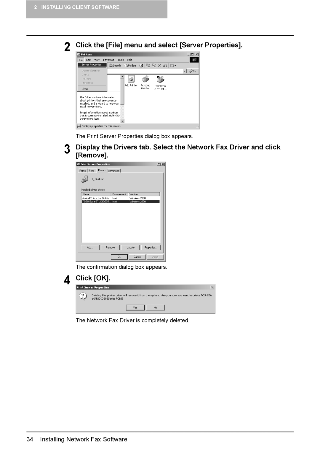 Toshiba e-Studio165, e-Studio205 manual Click the File menu and select Server Properties, Click OK 