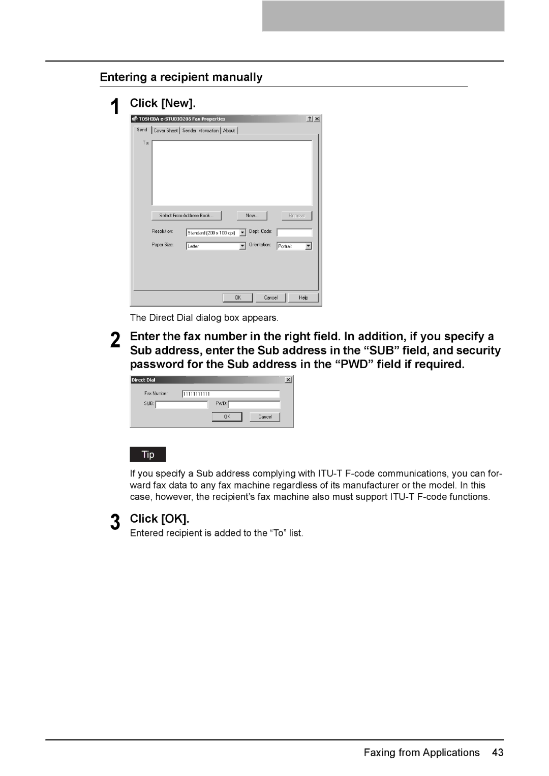 Toshiba e-Studio205, e-Studio165 Entering a recipient manually Click New, Click OK 