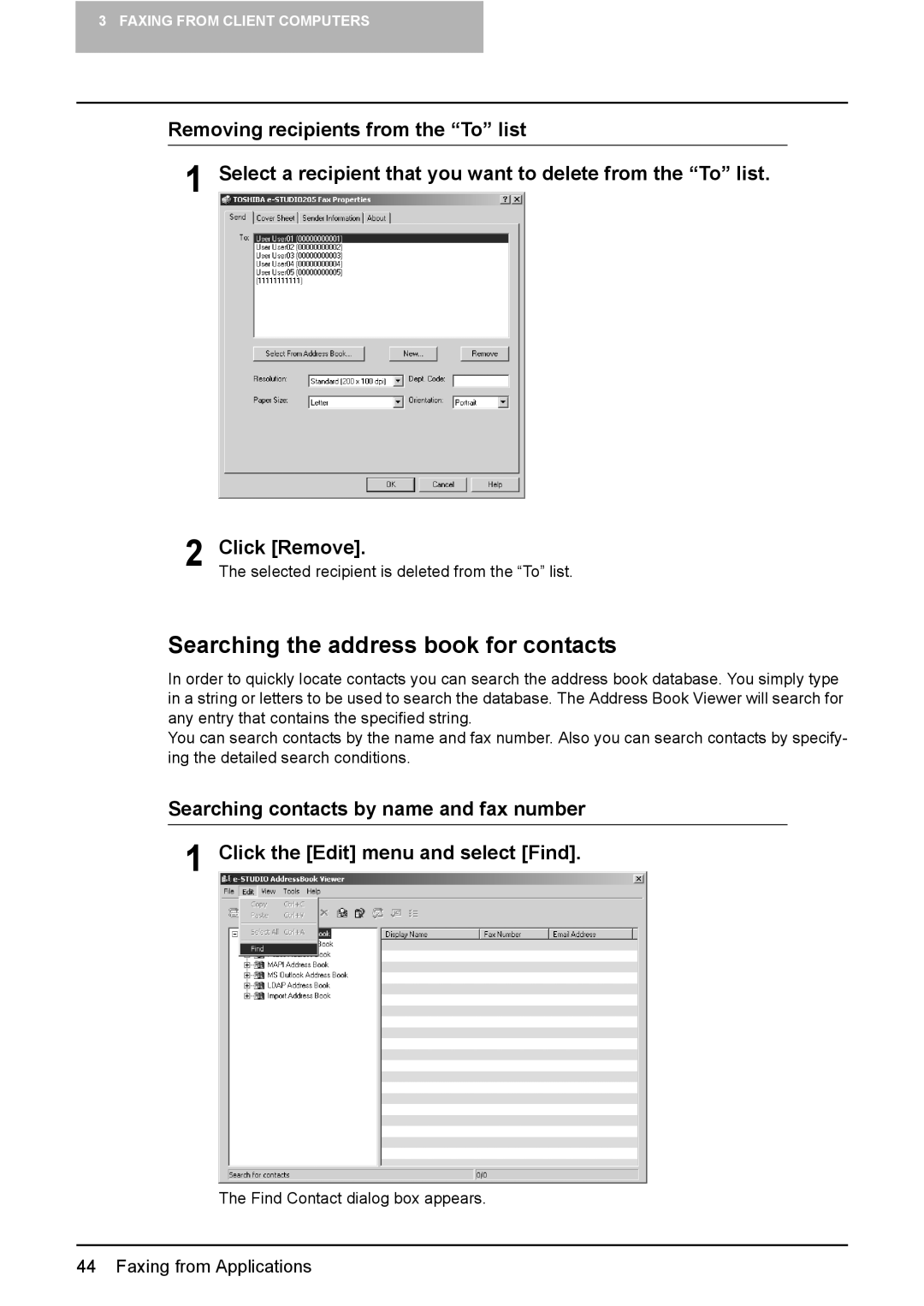 Toshiba e-Studio165, e-Studio205 manual Searching the address book for contacts 