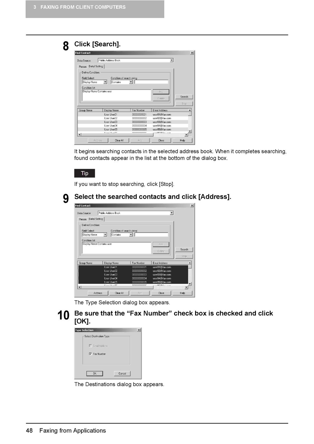 Toshiba e-Studio165, e-Studio205 manual Click Search, Select the searched contacts and click Address 