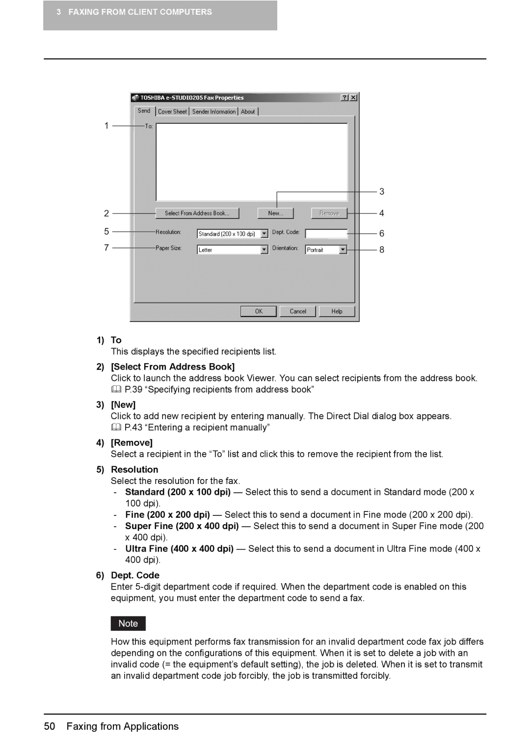 Toshiba e-Studio165, e-Studio205 manual Select From Address Book, New, Remove, Resolution, Dept. Code 