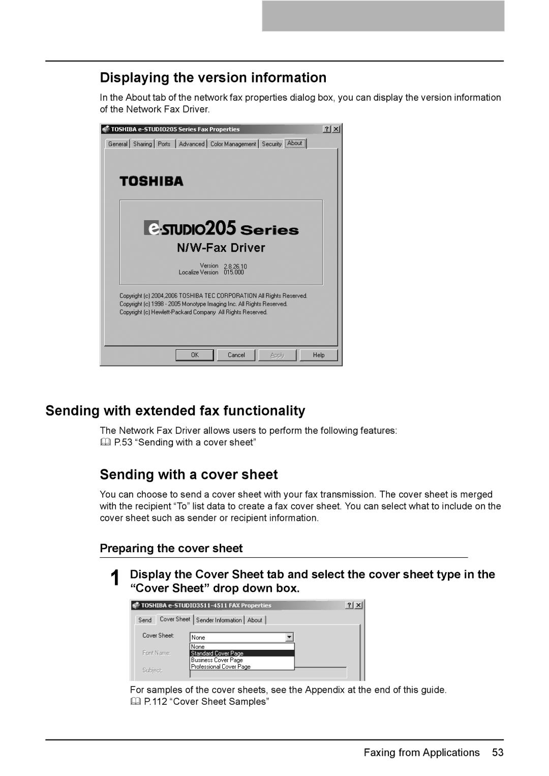 Toshiba e-Studio205, e-Studio165 manual Displaying the version information, Sending with extended fax functionality 