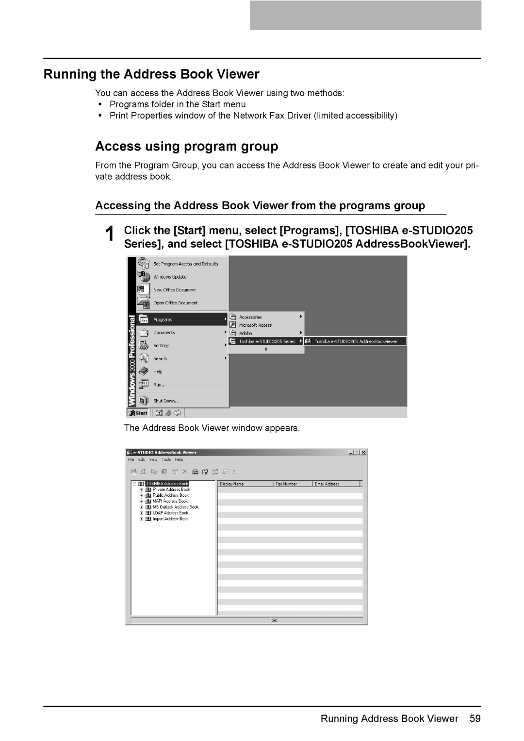 Toshiba e-Studio205, e-Studio165 manual Running the Address Book Viewer, Access using program group 