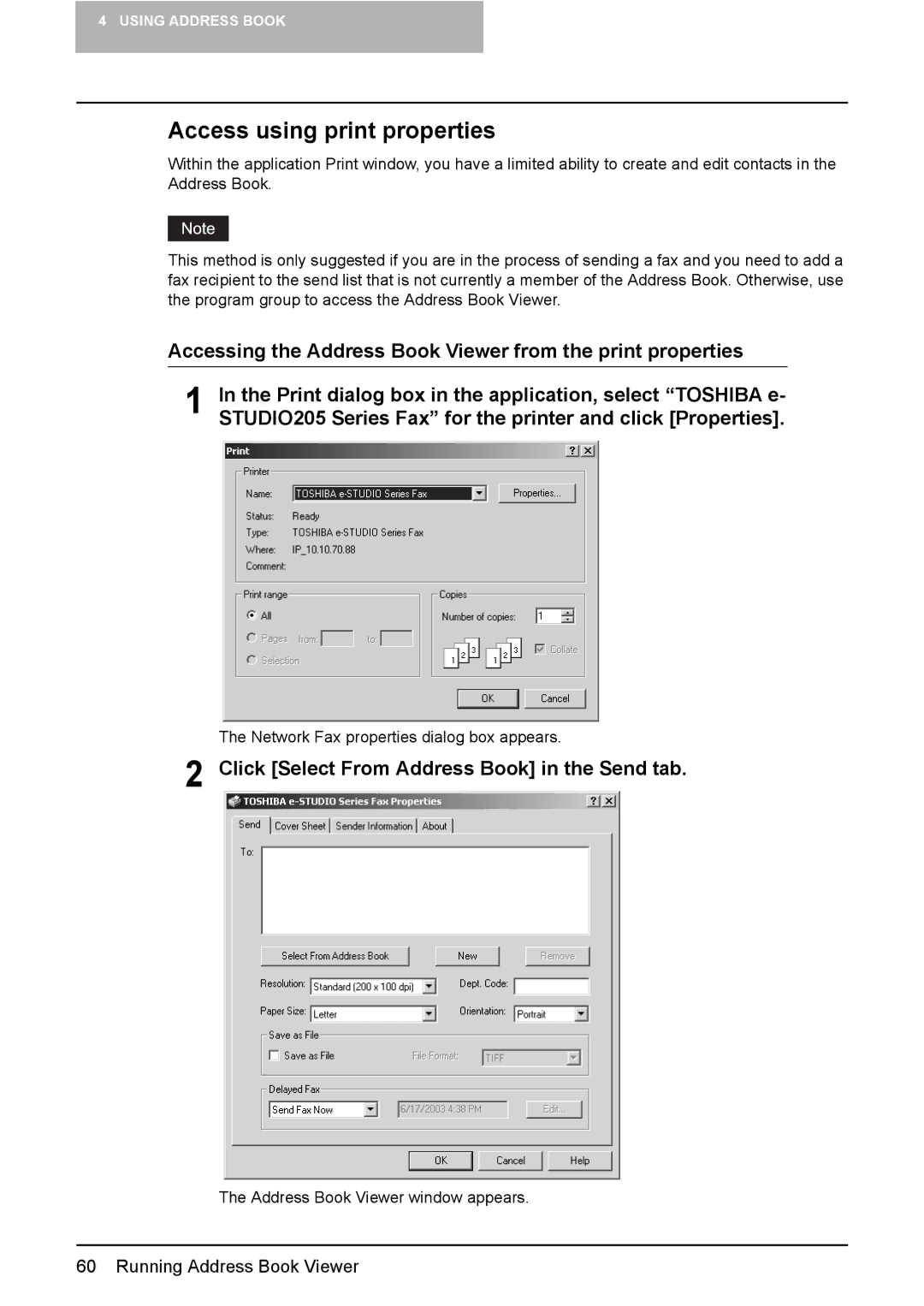 Toshiba e-Studio165 manual Access using print properties, Accessing the Address Book Viewer from the print properties 