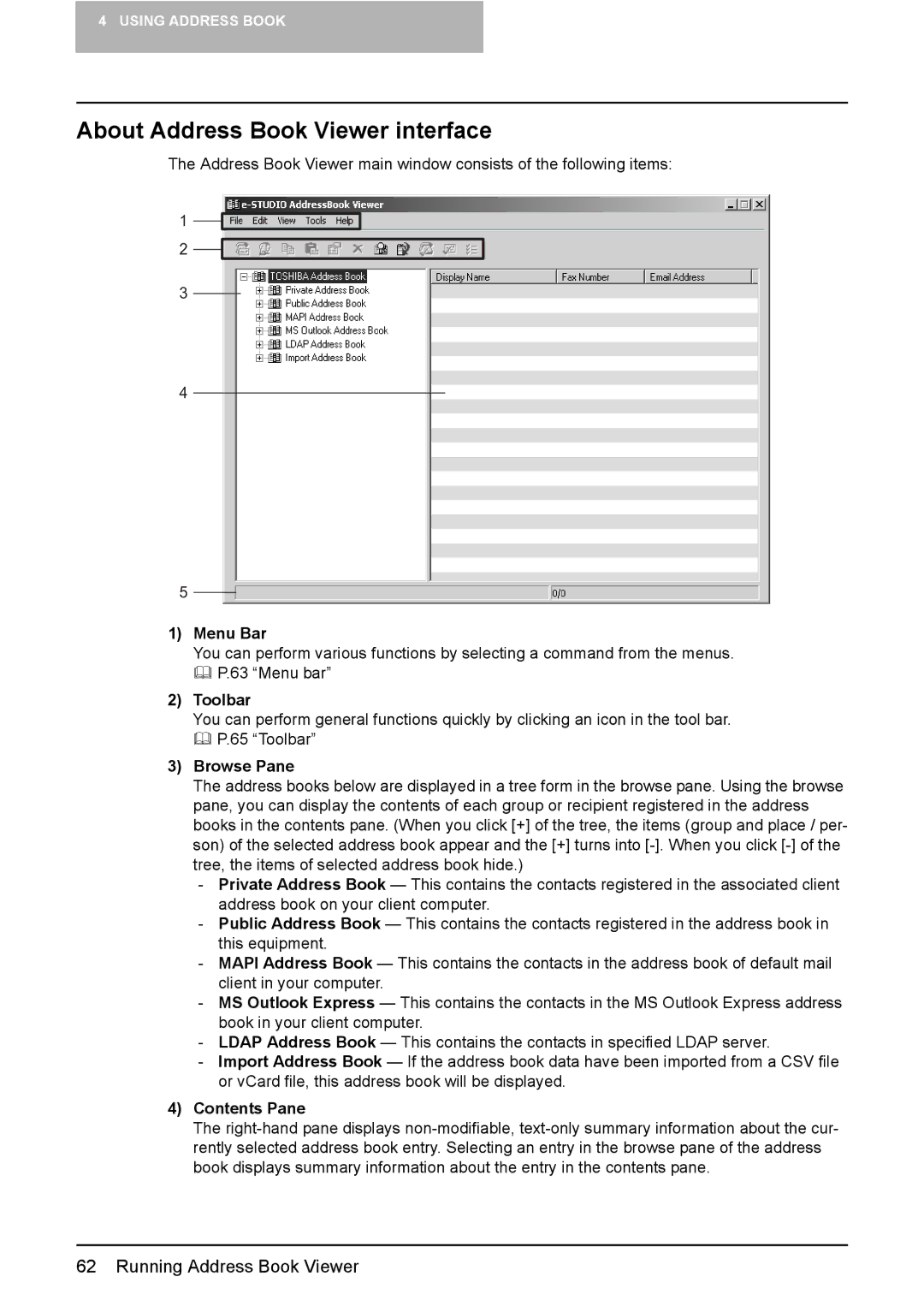 Toshiba e-Studio165, e-Studio205 manual About Address Book Viewer interface, Menu Bar, Toolbar, Browse Pane, Contents Pane 