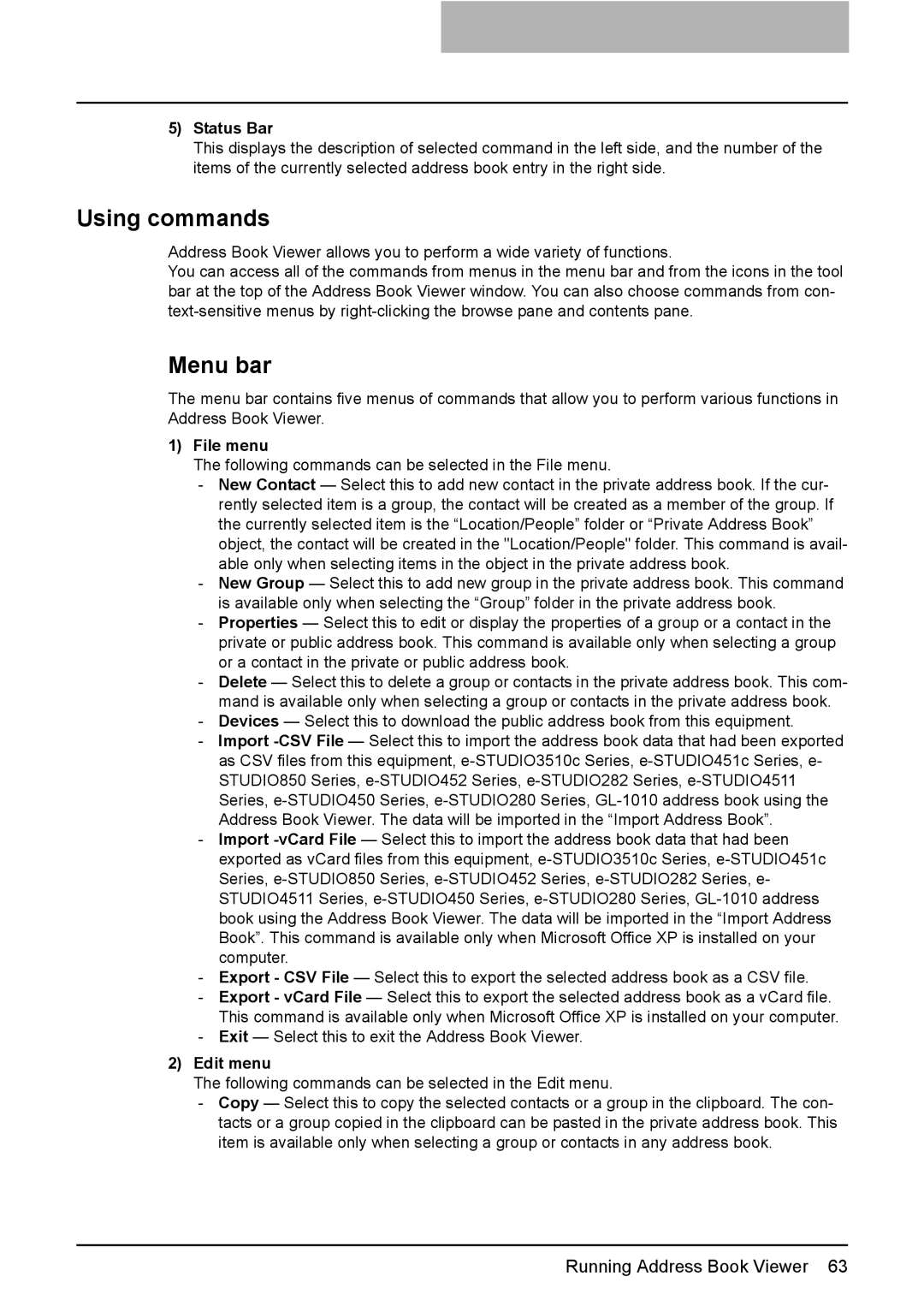 Toshiba e-Studio205, e-Studio165 manual Using commands, Menu bar, Status Bar, File menu, Edit menu 