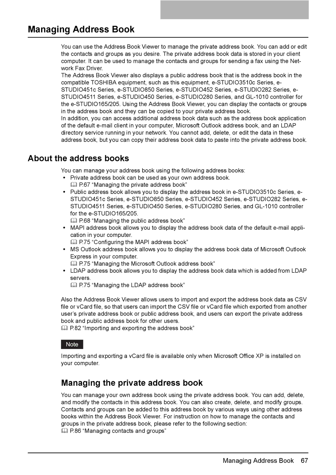 Toshiba e-Studio205, e-Studio165 manual About the address books, Managing the private address book 