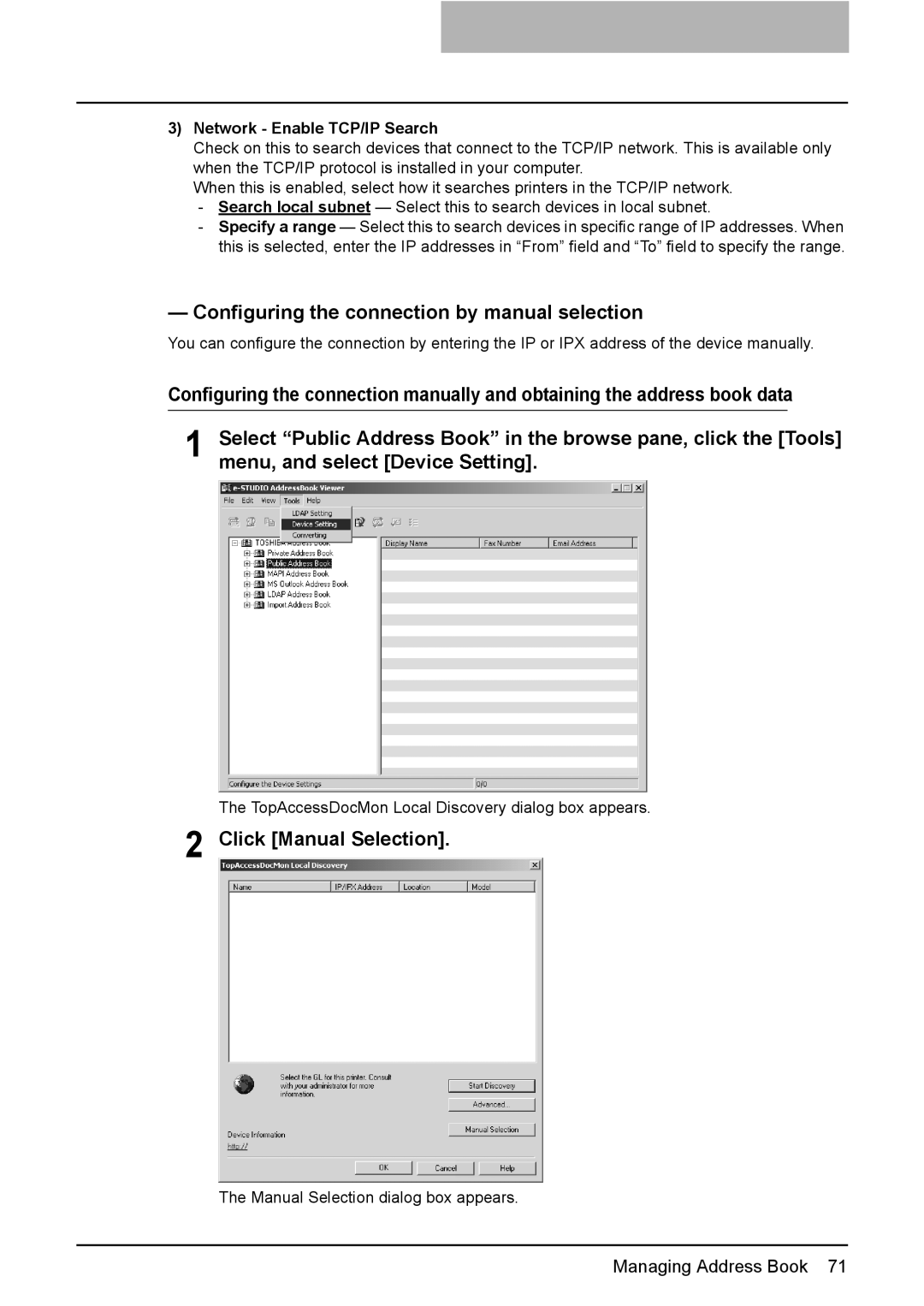 Toshiba e-Studio205 Configuring the connection by manual selection, Click Manual Selection, Network Enable TCP/IP Search 