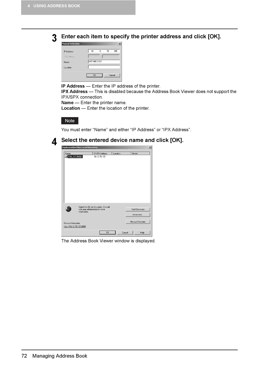 Toshiba e-Studio165, e-Studio205 manual Enter each item to specify the printer address and click OK 