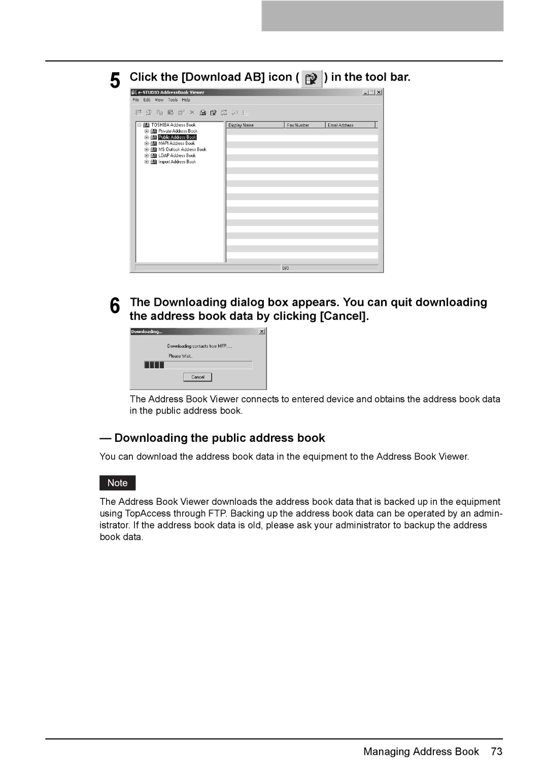 Toshiba e-Studio205, e-Studio165 manual Downloading the public address book 