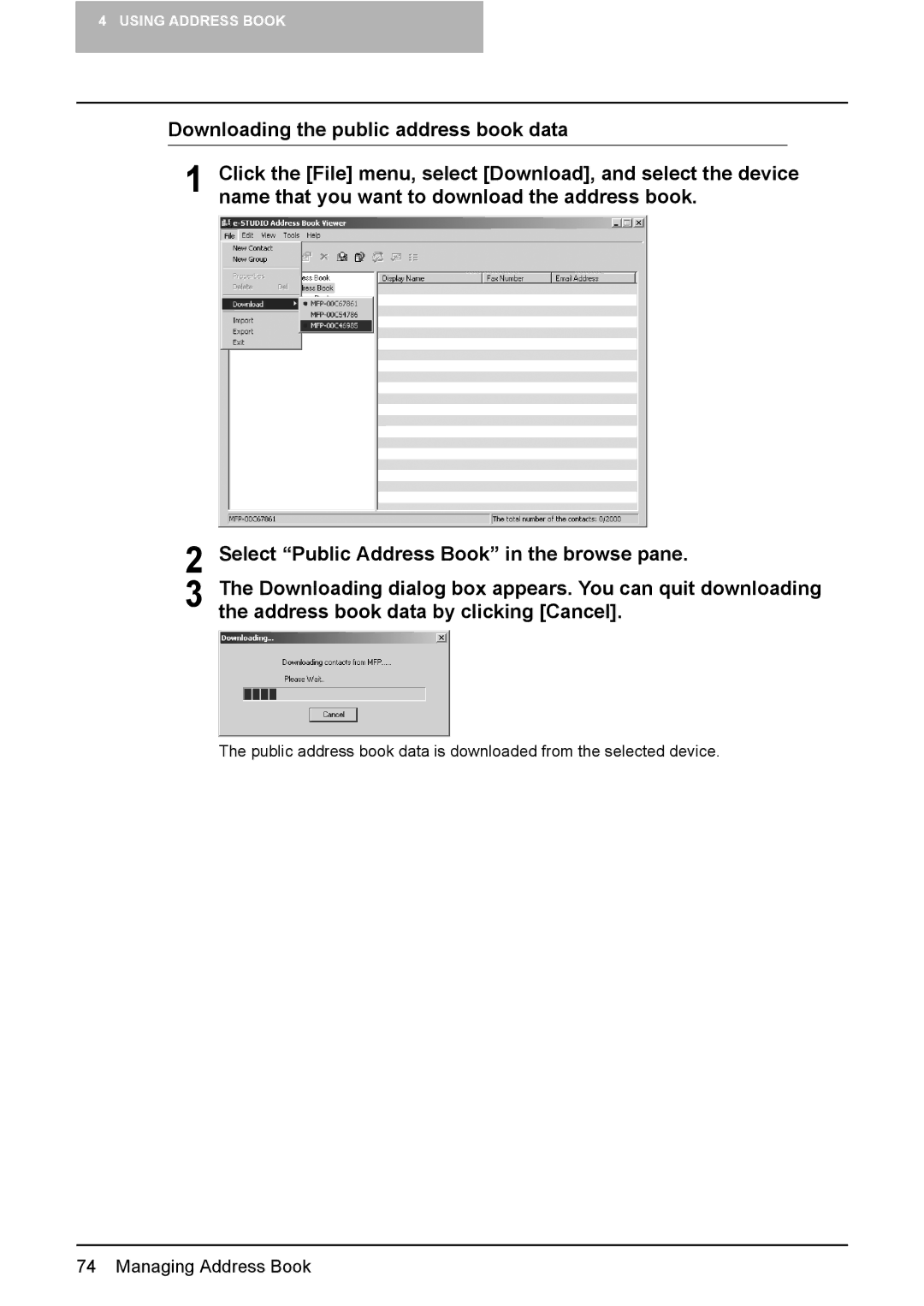 Toshiba e-Studio165, e-Studio205 manual Managing Address Book 