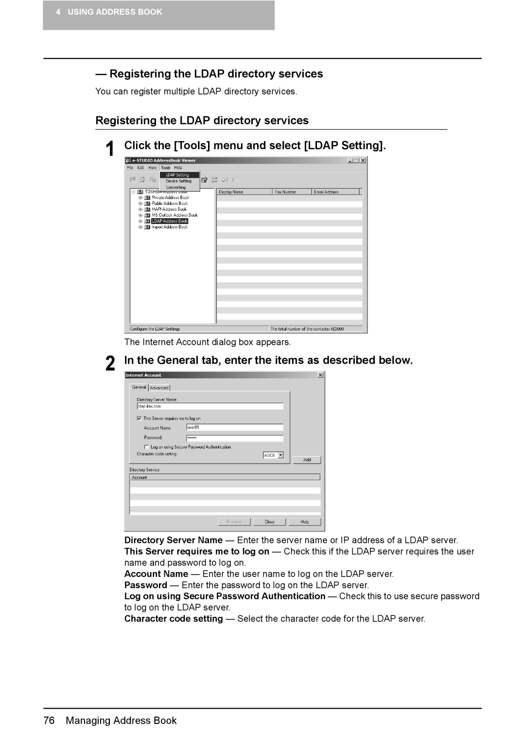 Toshiba e-Studio165, e-Studio205 Registering the Ldap directory services, General tab, enter the items as described below 