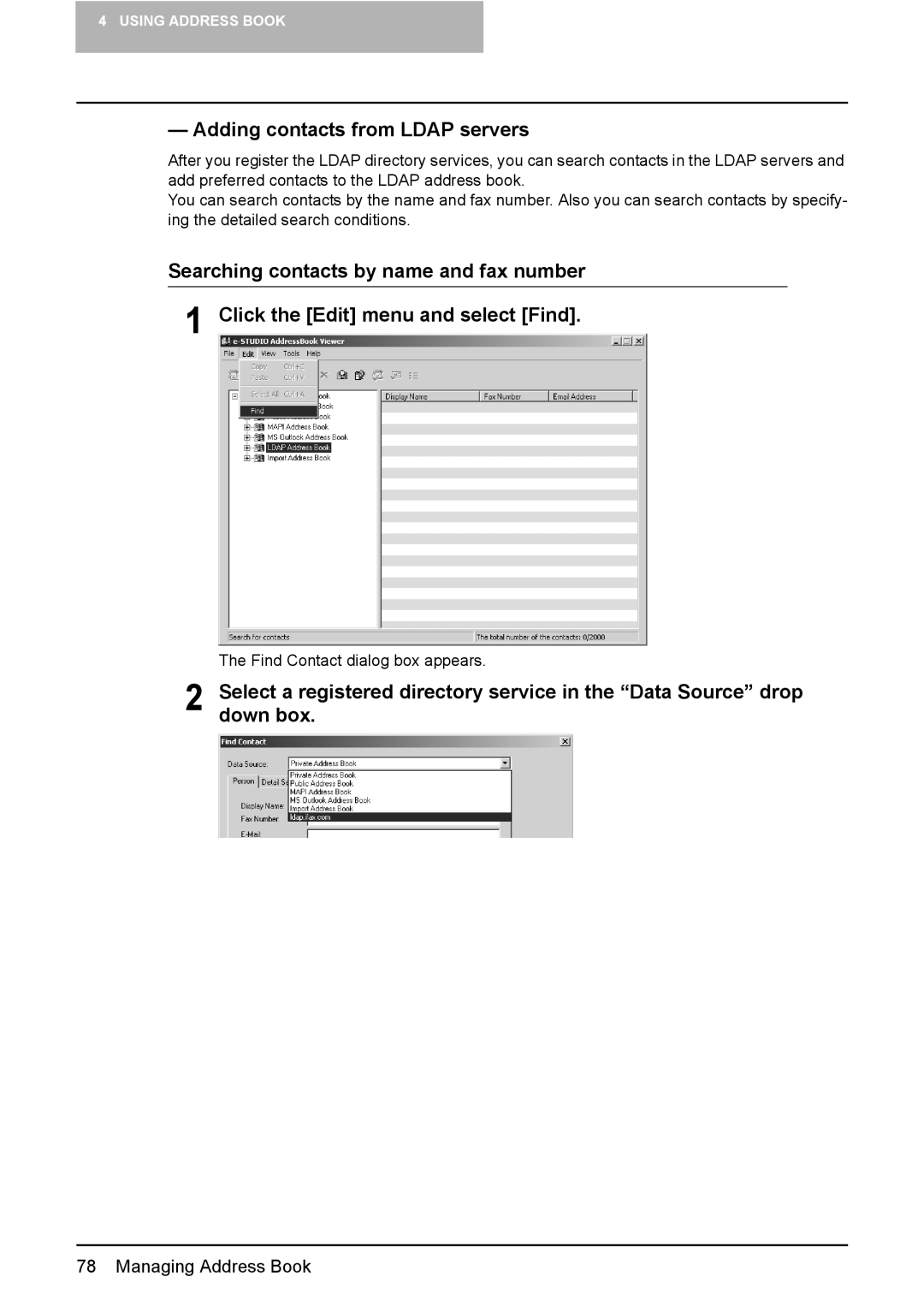 Toshiba e-Studio165, e-Studio205 manual Adding contacts from Ldap servers 