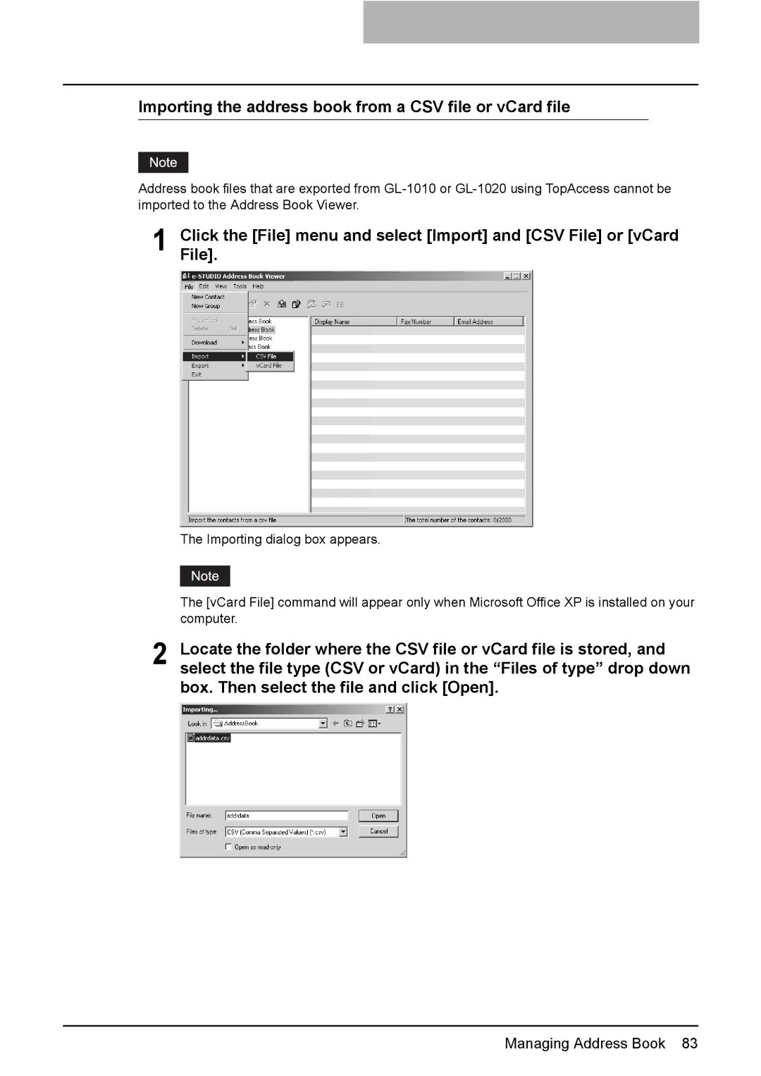 Toshiba e-Studio205, e-Studio165 manual Importing the address book from a CSV file or vCard file 