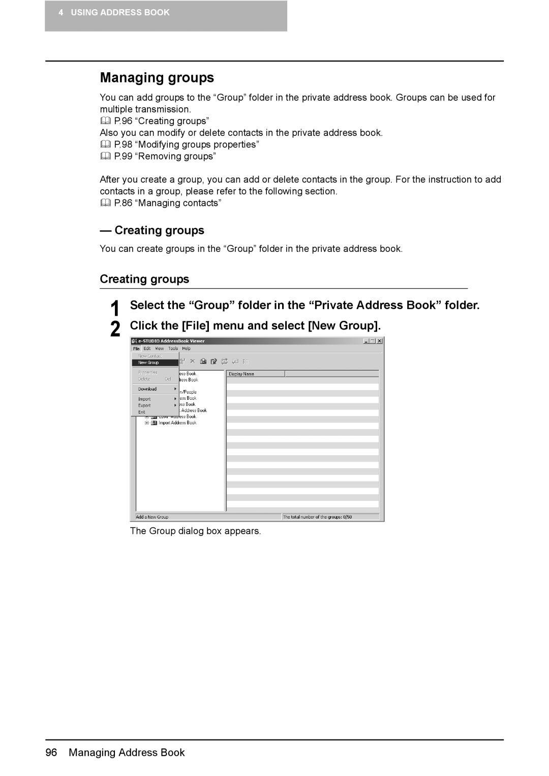 Toshiba e-Studio165, e-Studio205 manual Managing groups, Creating groups 